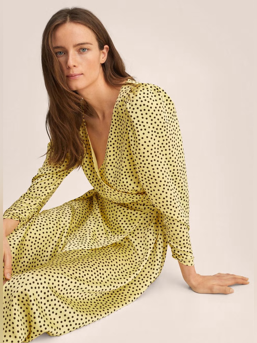 Mango Yellow & Black Dots Print Wrap Midi Dress Puff Sleeve Size Medium New